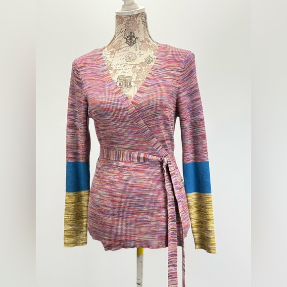 SUNDANCE  Multicolor V-Neck long sleeve wrap sweater size L - Picture 9 of 13